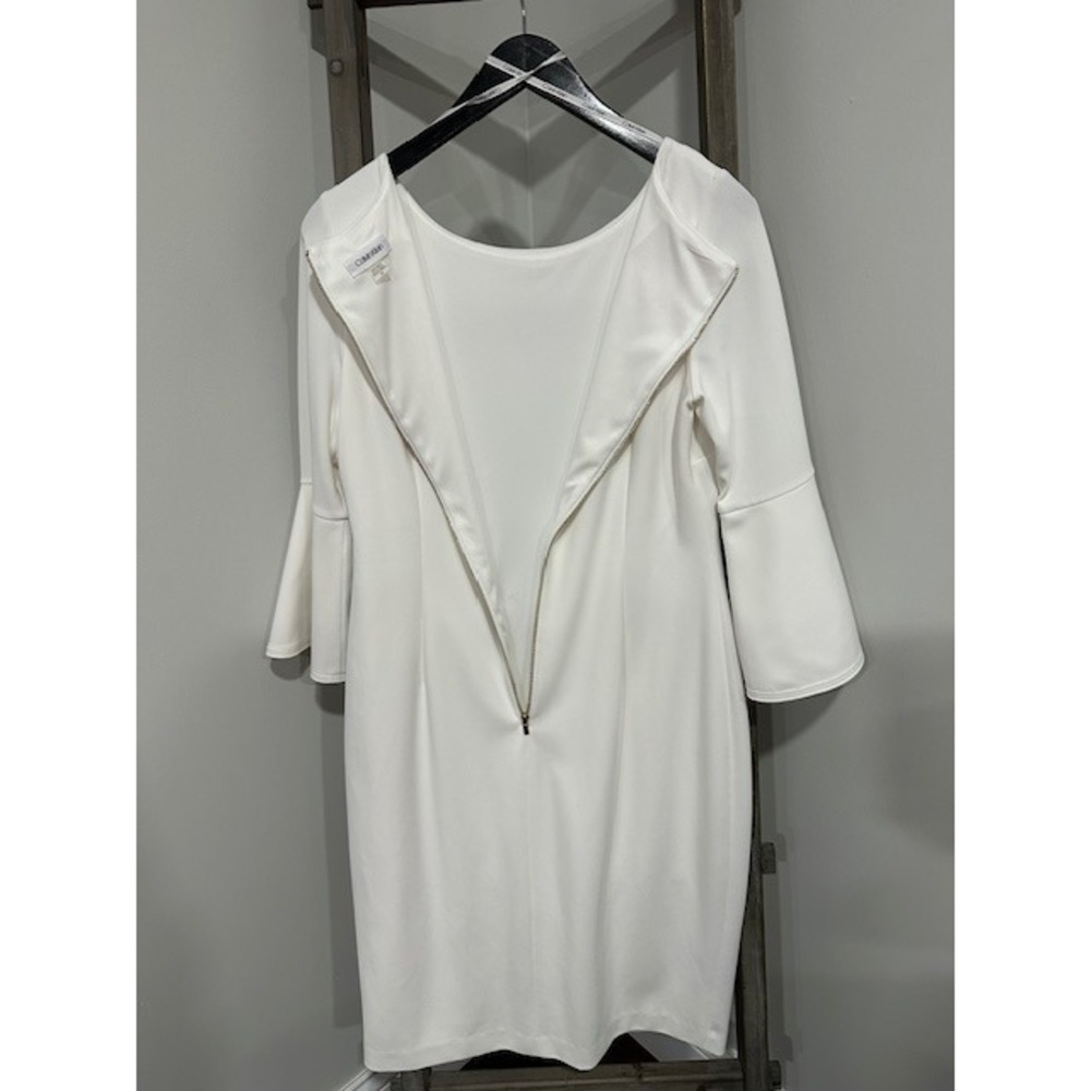 Clean Elegance White Calvin Klein Sheath Dress with 3/4 Bell Sleeves Gold zipper - Picture 3 of 4